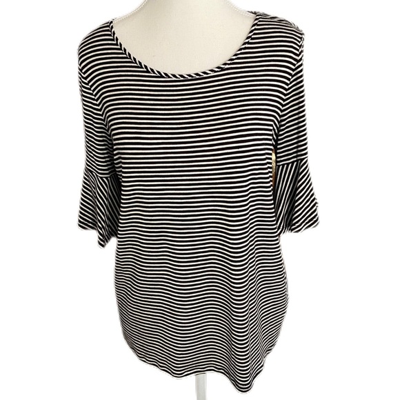 Jones New York Signature Black and White Striped Short Bell SleeveTop Size M - Picture 1 of 8